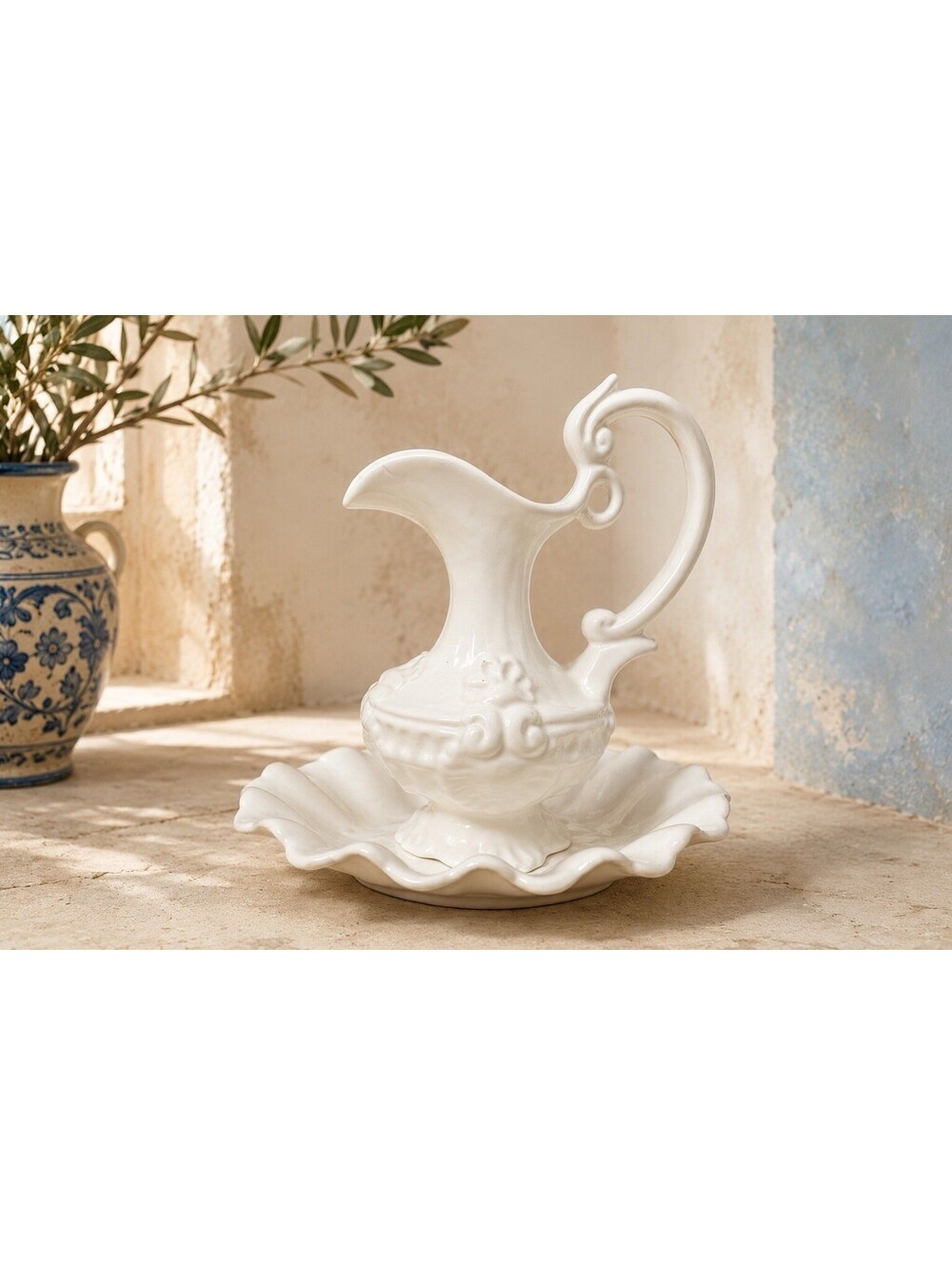 Portugal Vintage 1970s Ewer Pitcher And Underplate White Ceramic